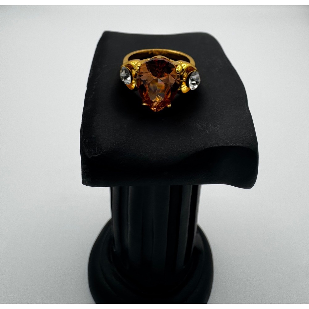 Gold Tone Pear Cut Amber Glass Sz 6 Three Stone Statement Cocktail Ring